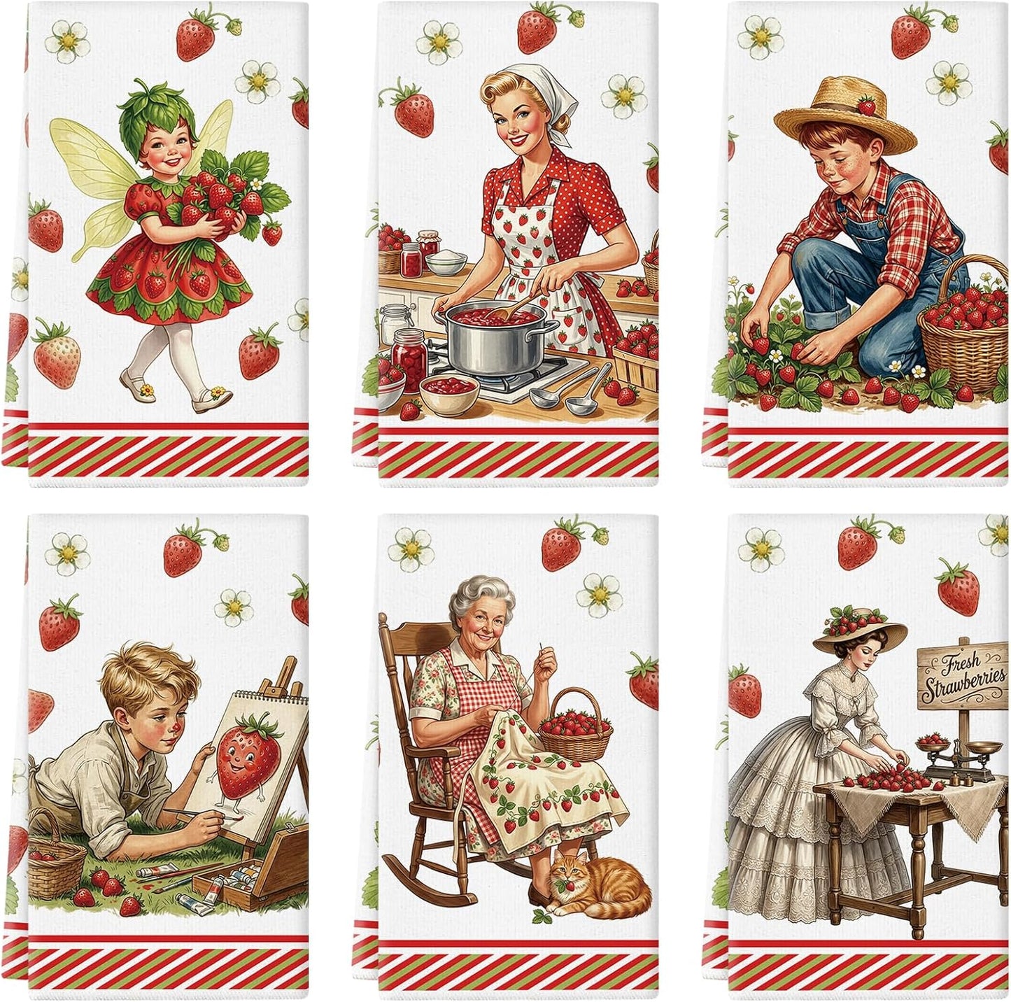 Set 6 toallas cocina vintage fresa 14x21 pulg