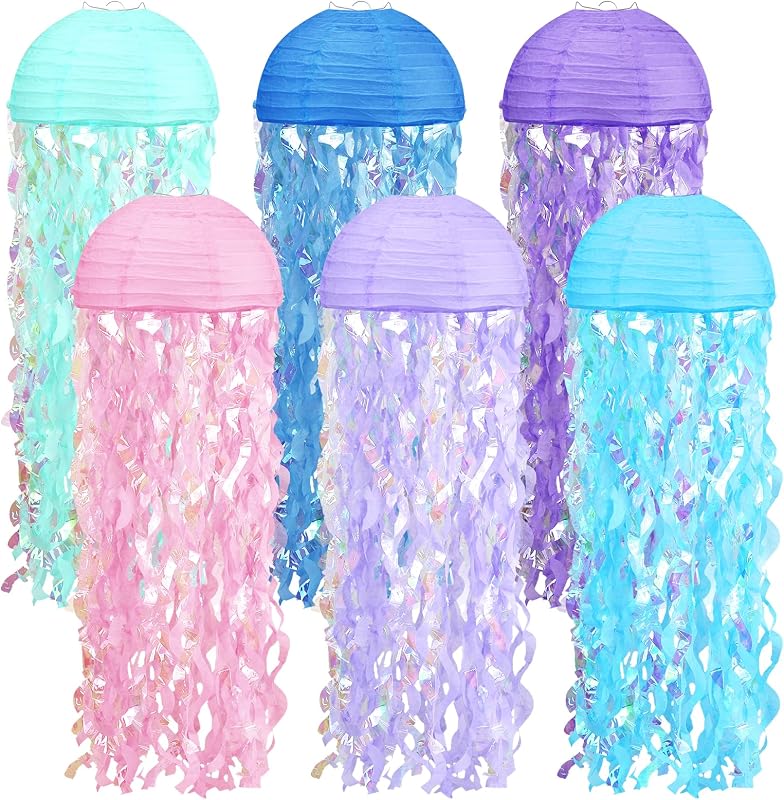 6 Linternas papel gelatina rosa morado azul para fiesta sirena