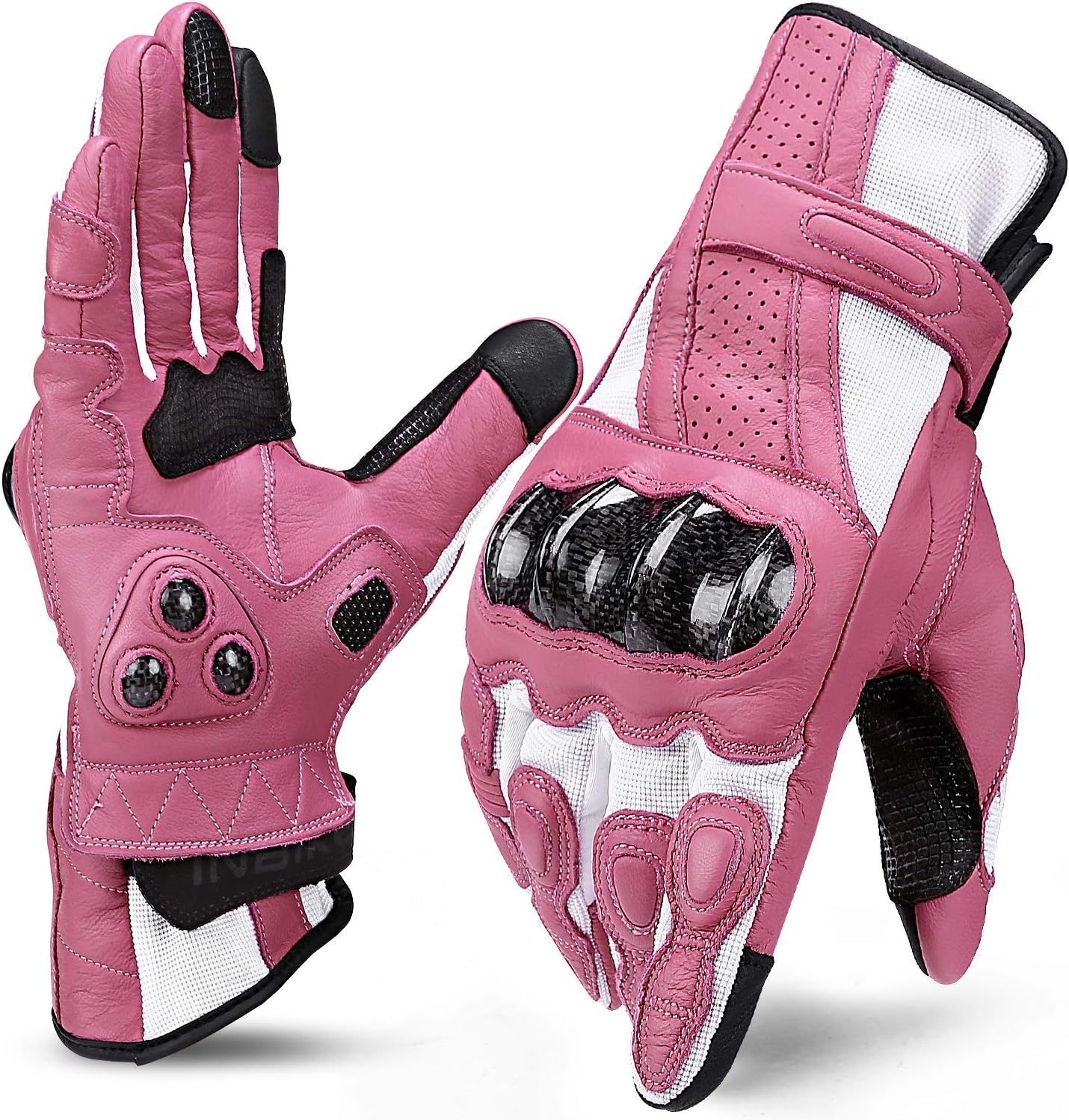 Guantes moto cuero fibra carbono pantalla táctil mujer rosa