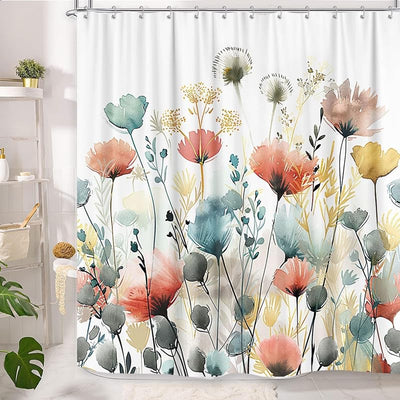 Cortina ducha botánica flores acuarela 72x84pulg azul
