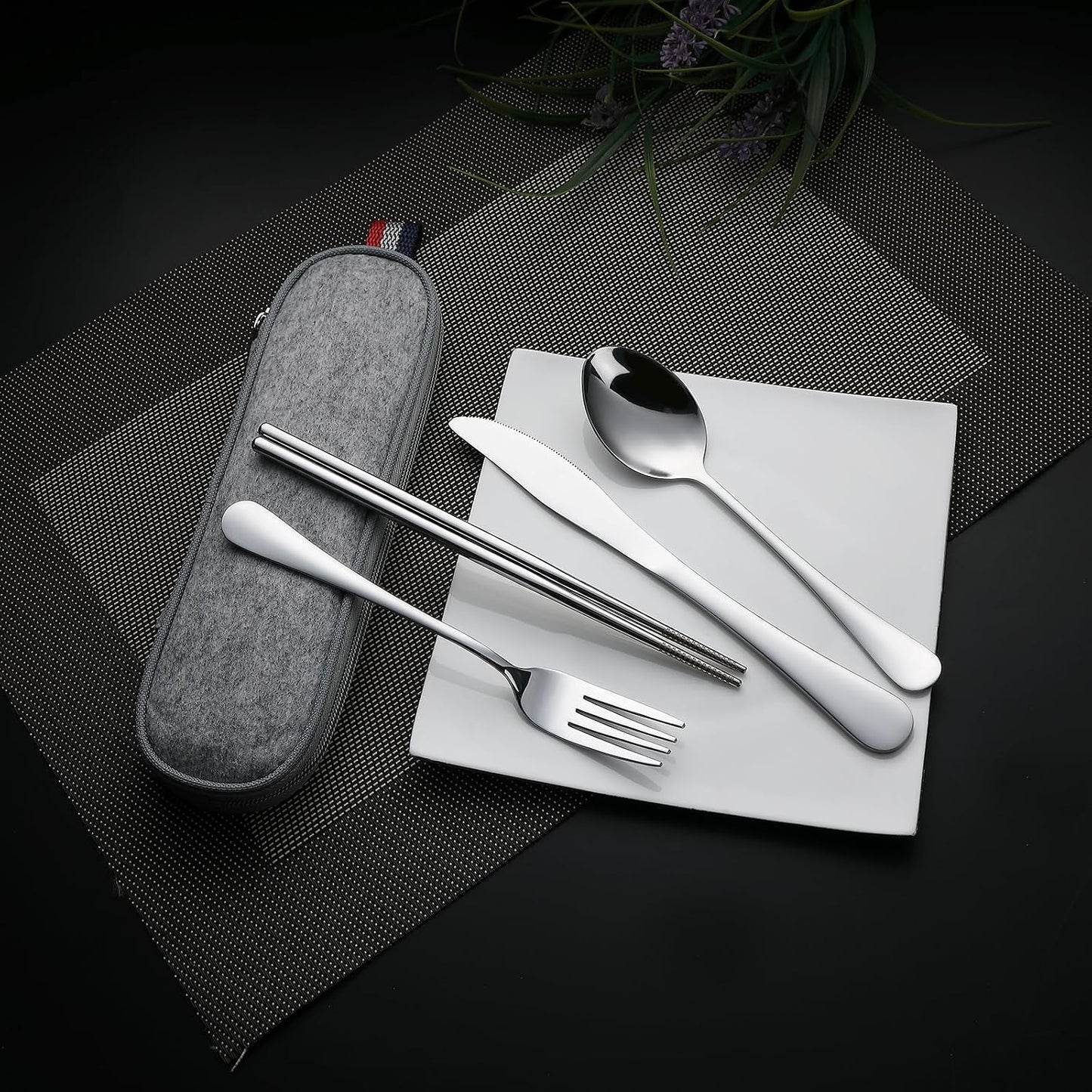 Juego cubiertos acero inox con funda plateado