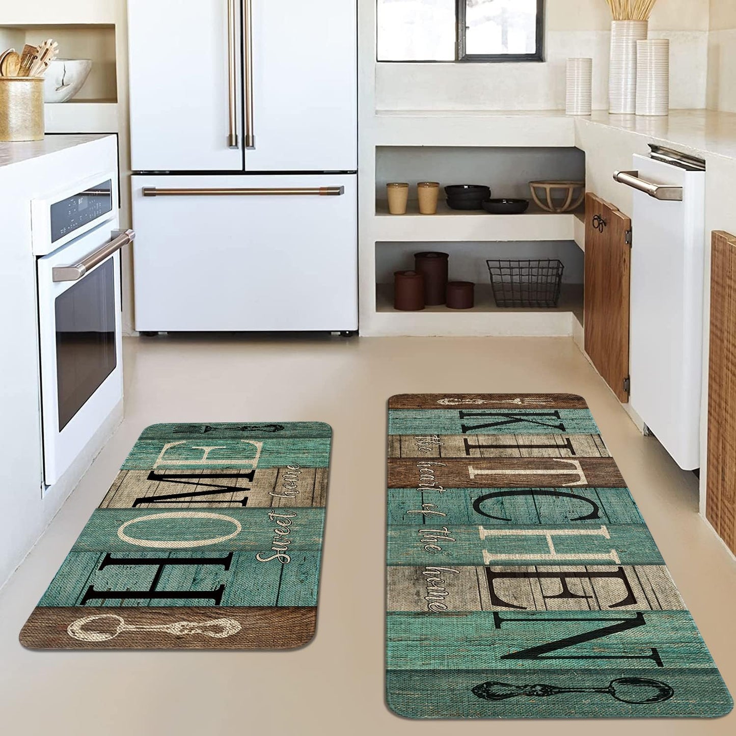 2 Pzas Alfombras Cocina Color Turquesa y Gris Antideslizantes