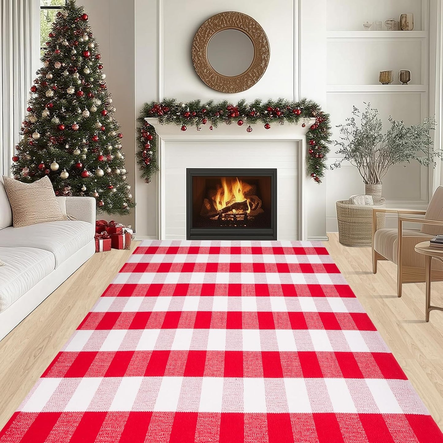 Alfombra lana cuadriculada roja y blanca 4x6ft tejida a mano