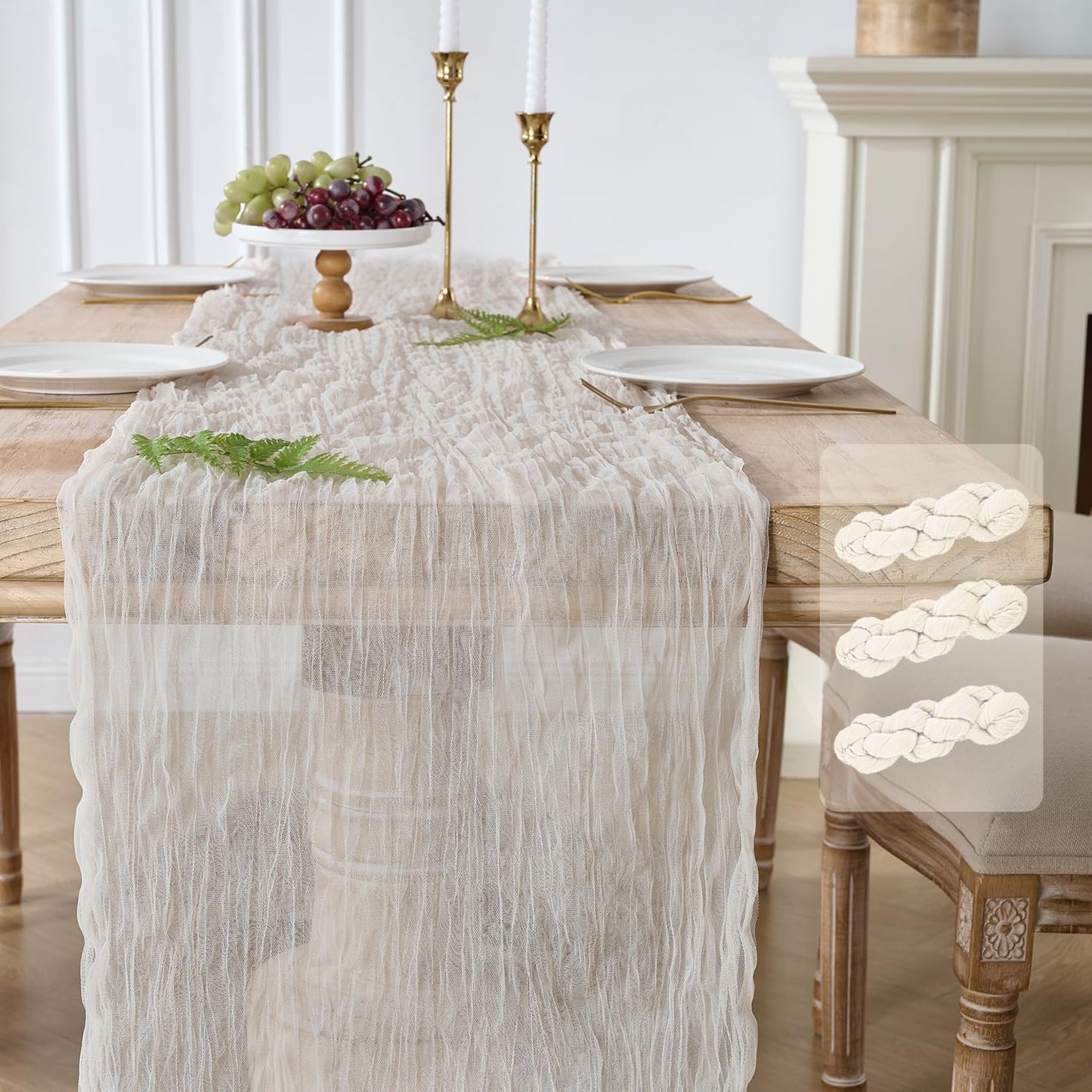 Camino Mesa Gasa Blanca Crema 10pies Bohemia para Bodas y Fiestas