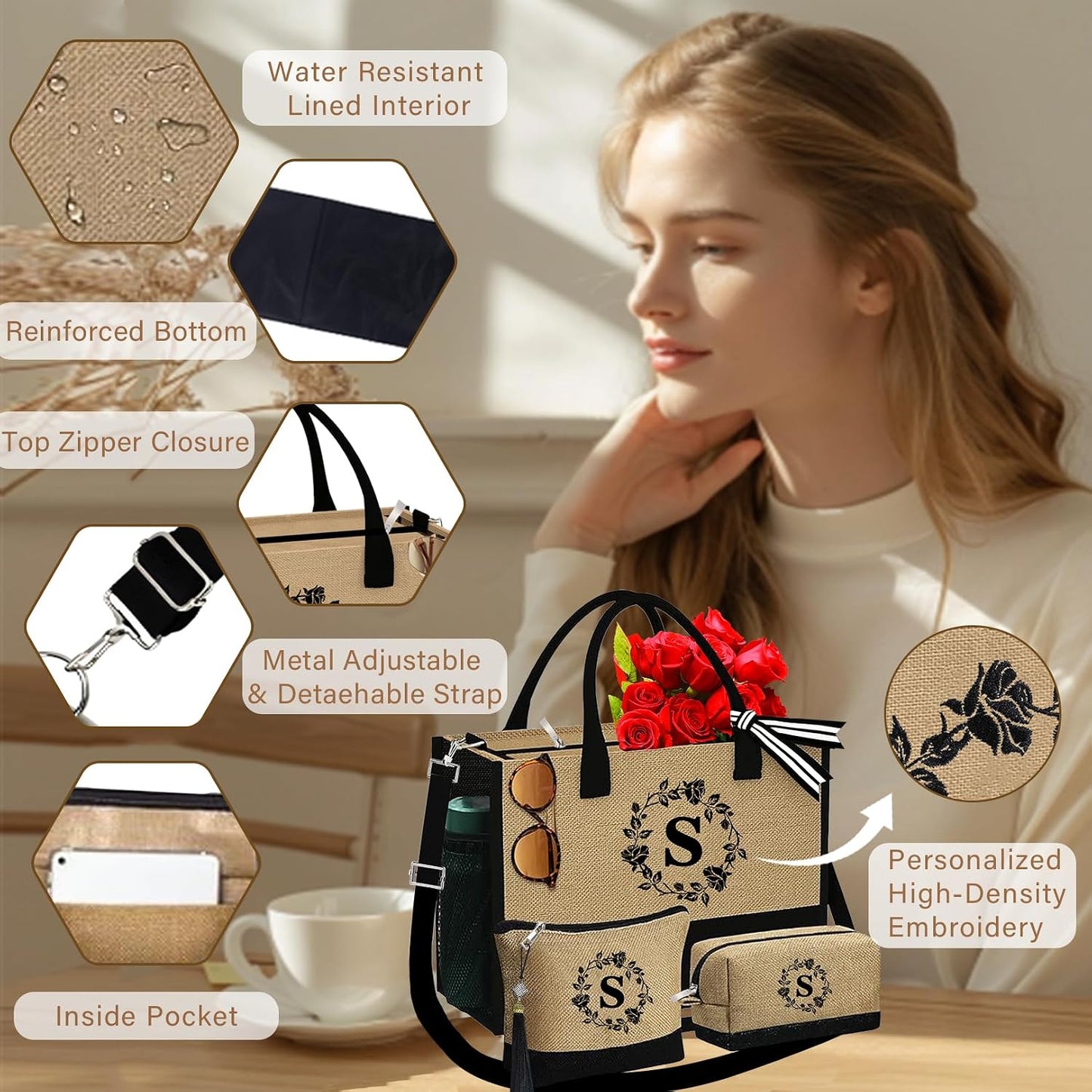Bolsas yute personalizadas con iniciales 3 Pzas para mujer