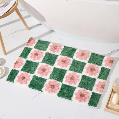 Alfombra baño microfibra verde a cuadros rosa 20x32pulg