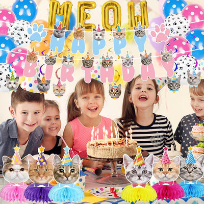 Decoración fiesta cumpleaños gato pancarta 6 centros mesa 12 globos