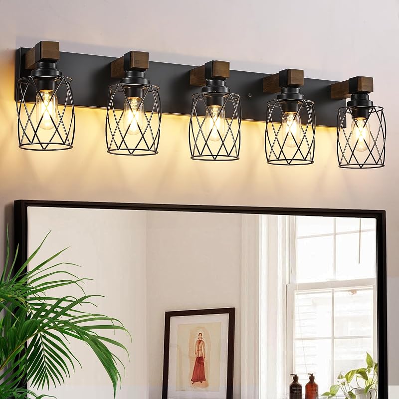 Lámpara tocad. baño estilo granja 5 luces madera negra metal