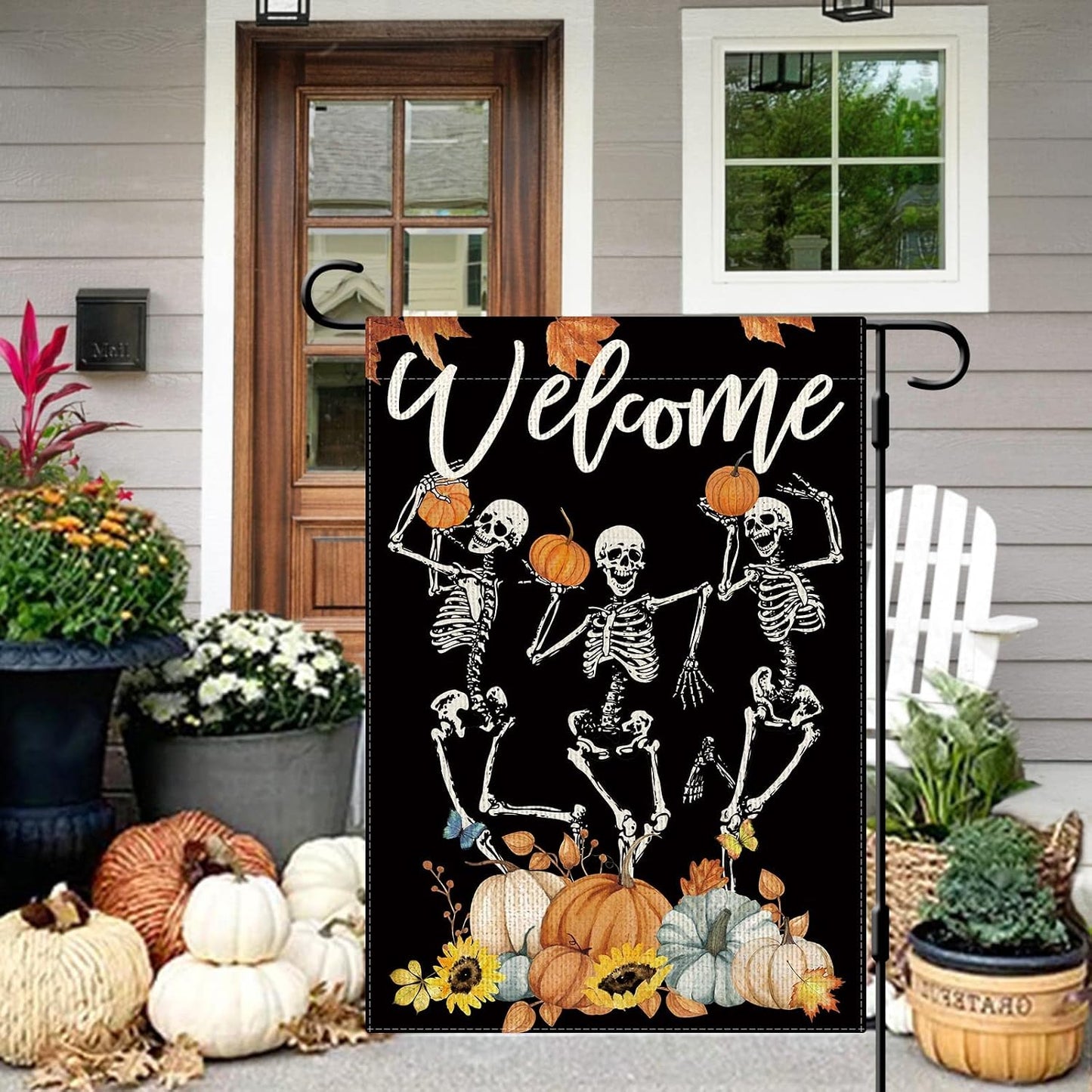 Bandera jardín esqueleto calabaza 12x18" doble cara