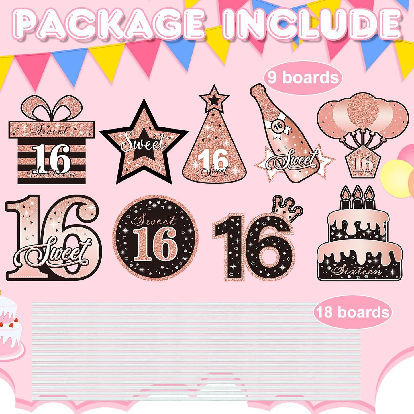 9 Pzas Letrero Feliz Cumpleaños Niñas Oro Rosa