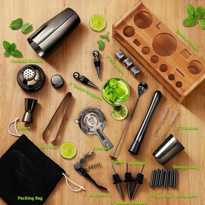 Set 26 Pzas Coctelera Acero Inox Soporte Bambú Kit Bartending Negro