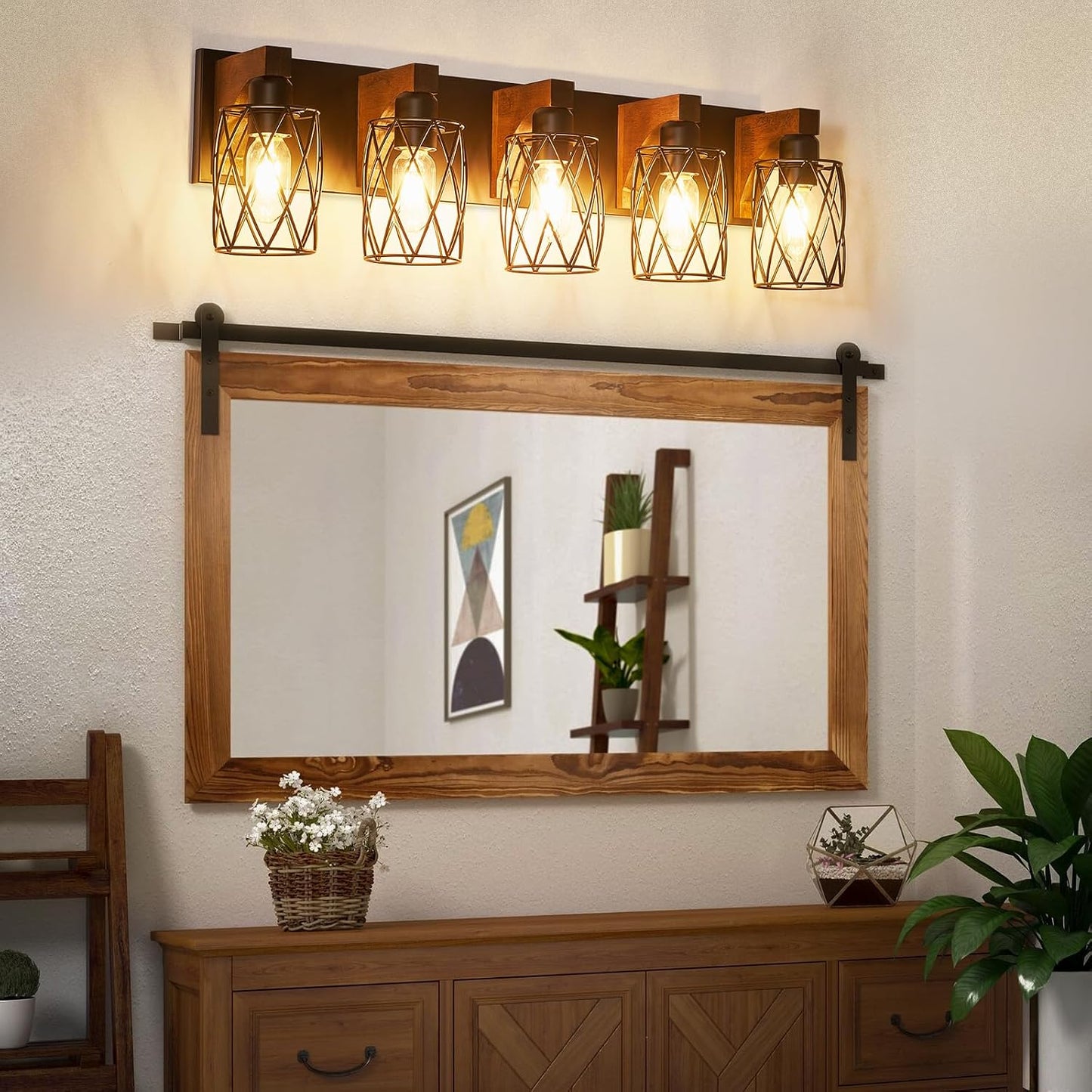 Lámpara tocador baño 5 luces madera pantalla metal jaula E26