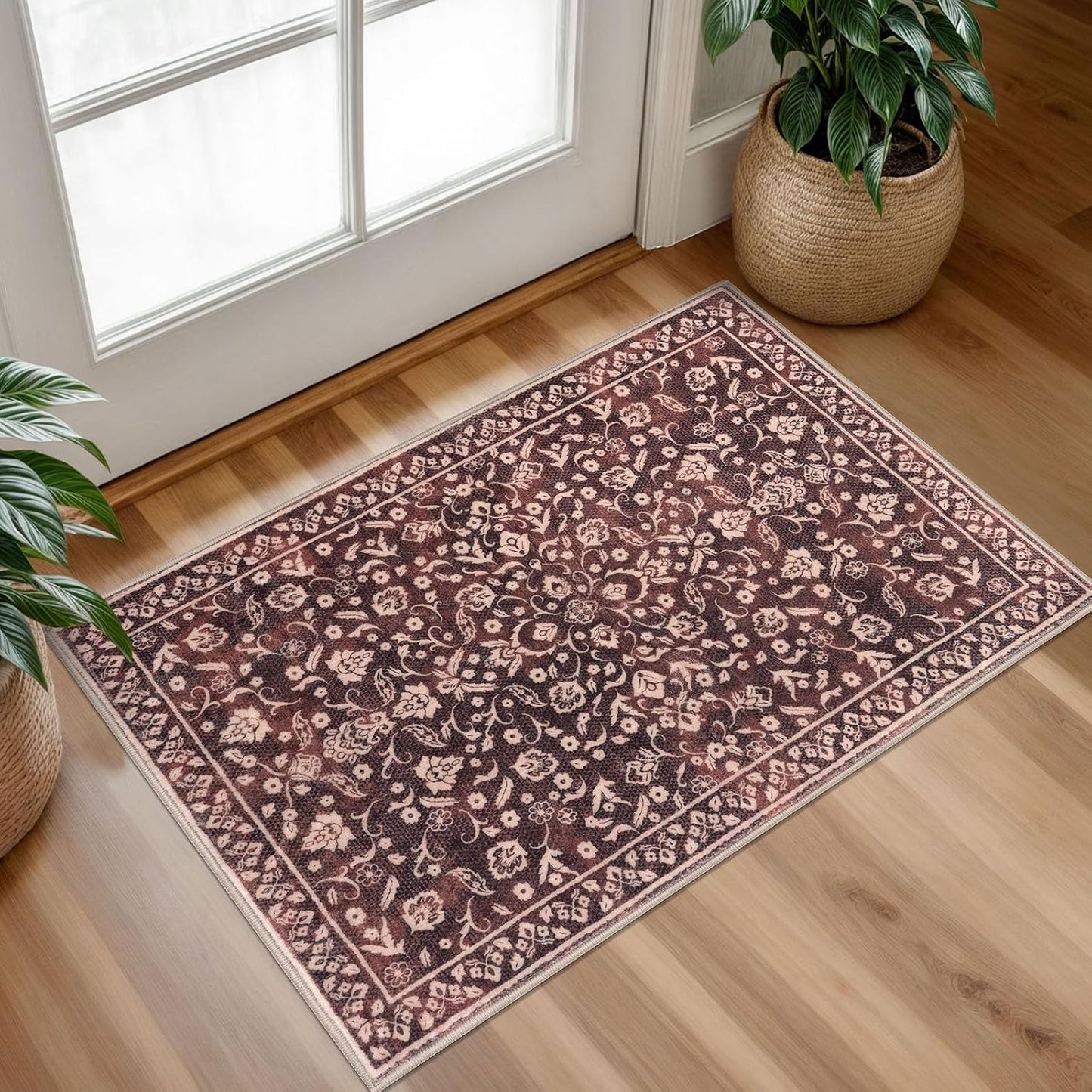 Alfombra entrada vintage burdeos 2x3ft antiderrap
