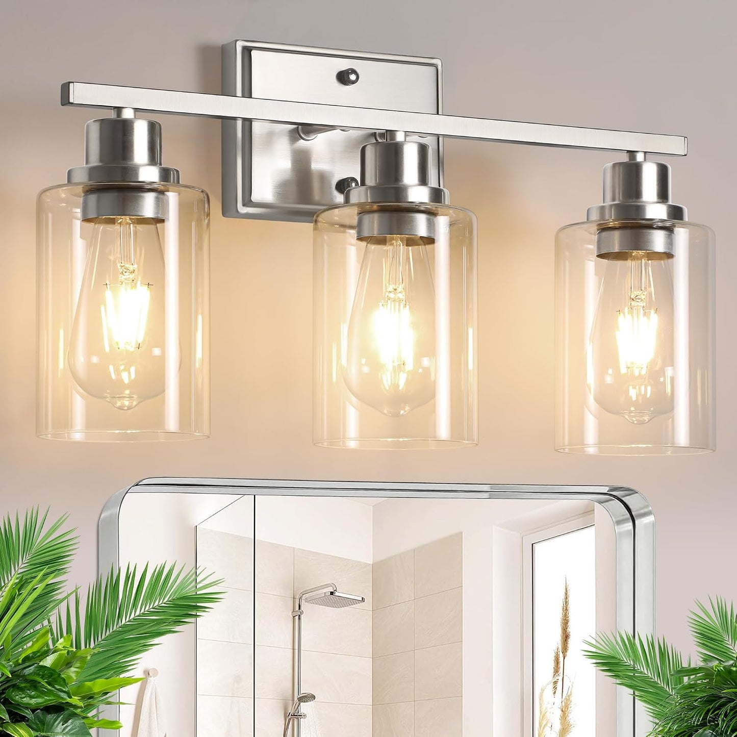 Lámpara baño 3 luces níquel cepillado vidrio transparente