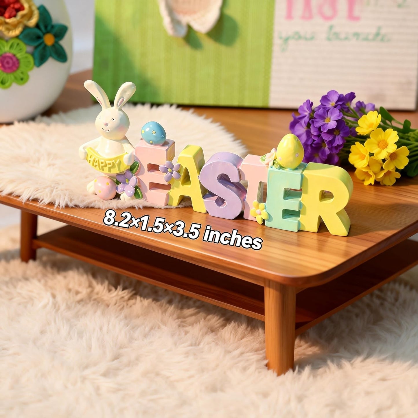 Centro Mesa Pascua Resina Huevos Letras Florales