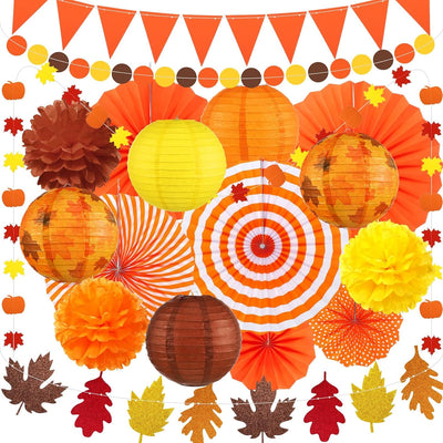 18 Pzas Decoración Fiesta Otoño Linternas y Abanicos Papel