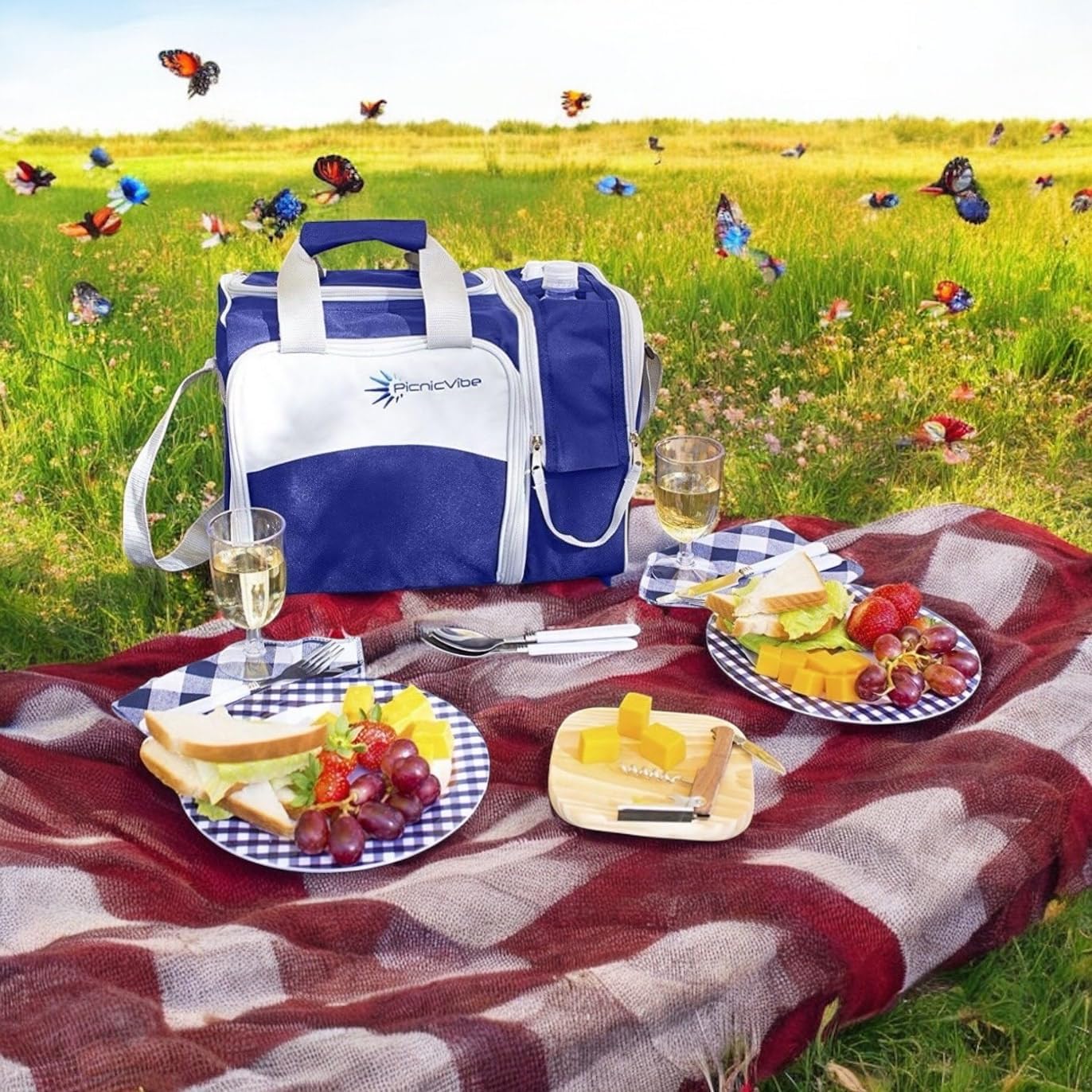 Set cestas picnic con bolsa térmica soporte botella vino