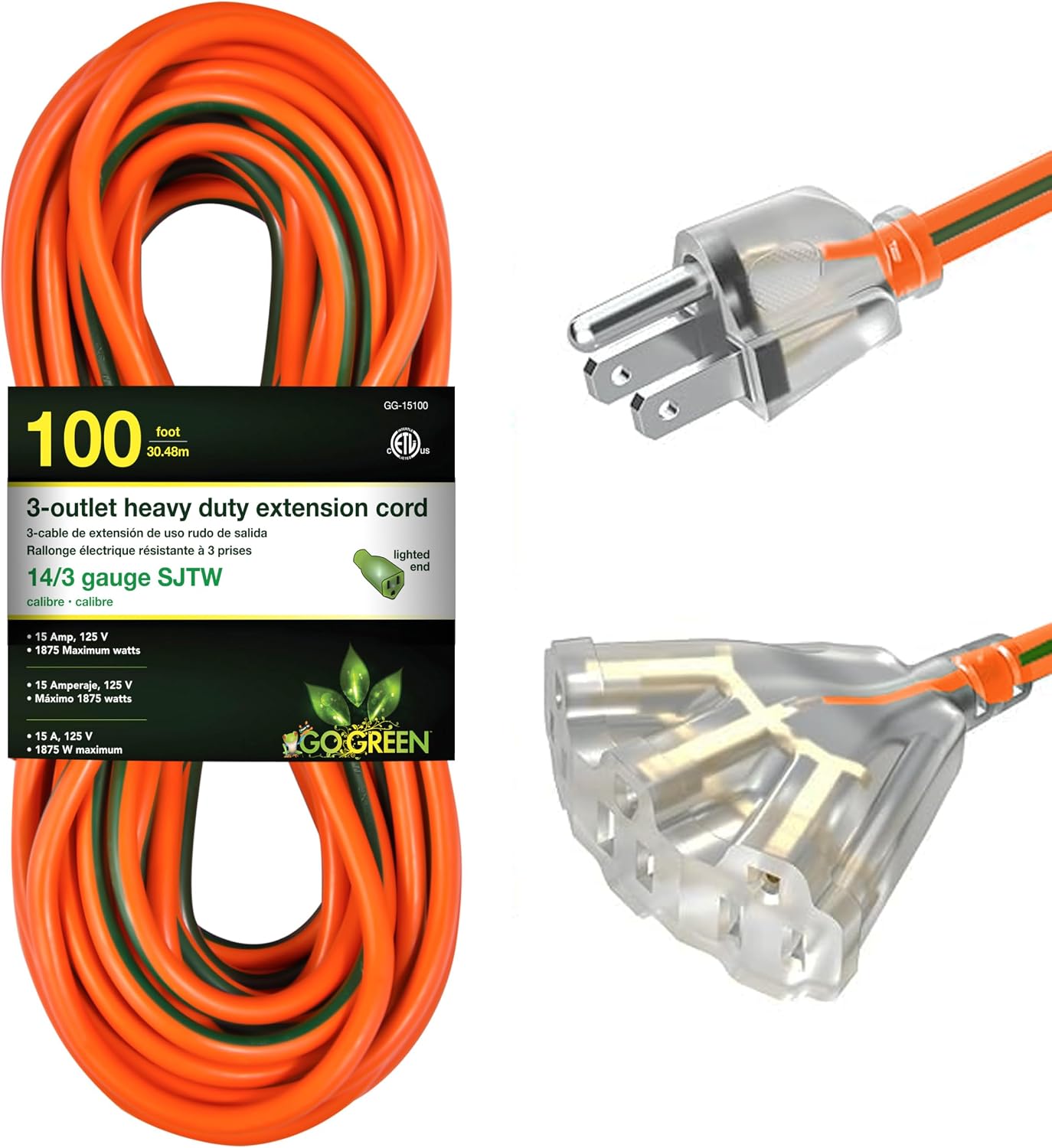 Cable extensión 100ft naranja extremo iluminado SJTW 14/3