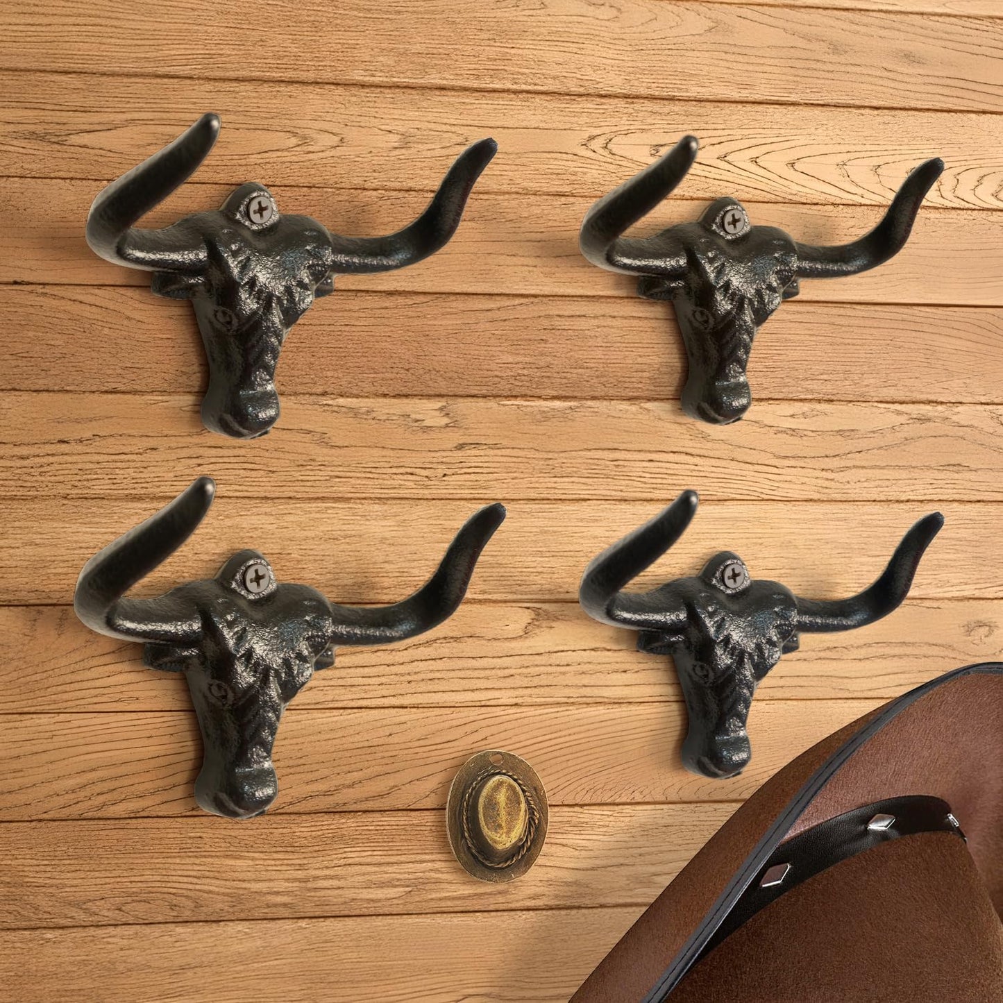 Perchero sombreros vaquero 4 ganchos metal decoración