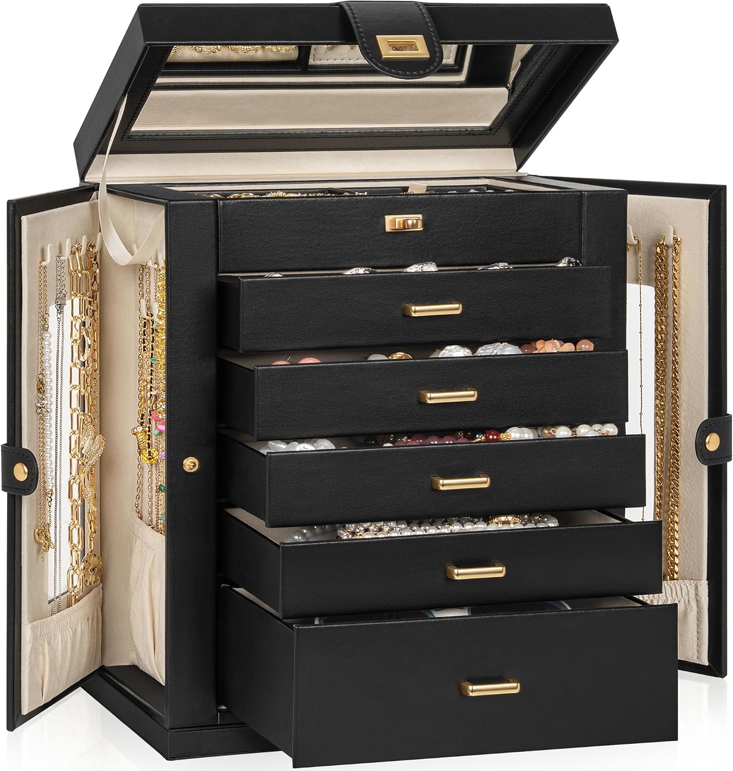 Caja giratoria joyas 6 niveles con soporte anillos collares