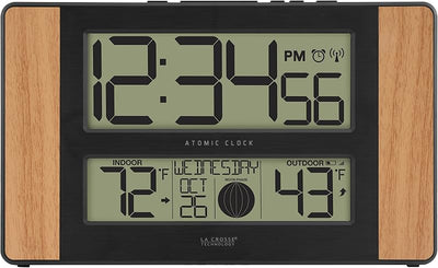 Reloj digital Atomic con temperatura acabado roble