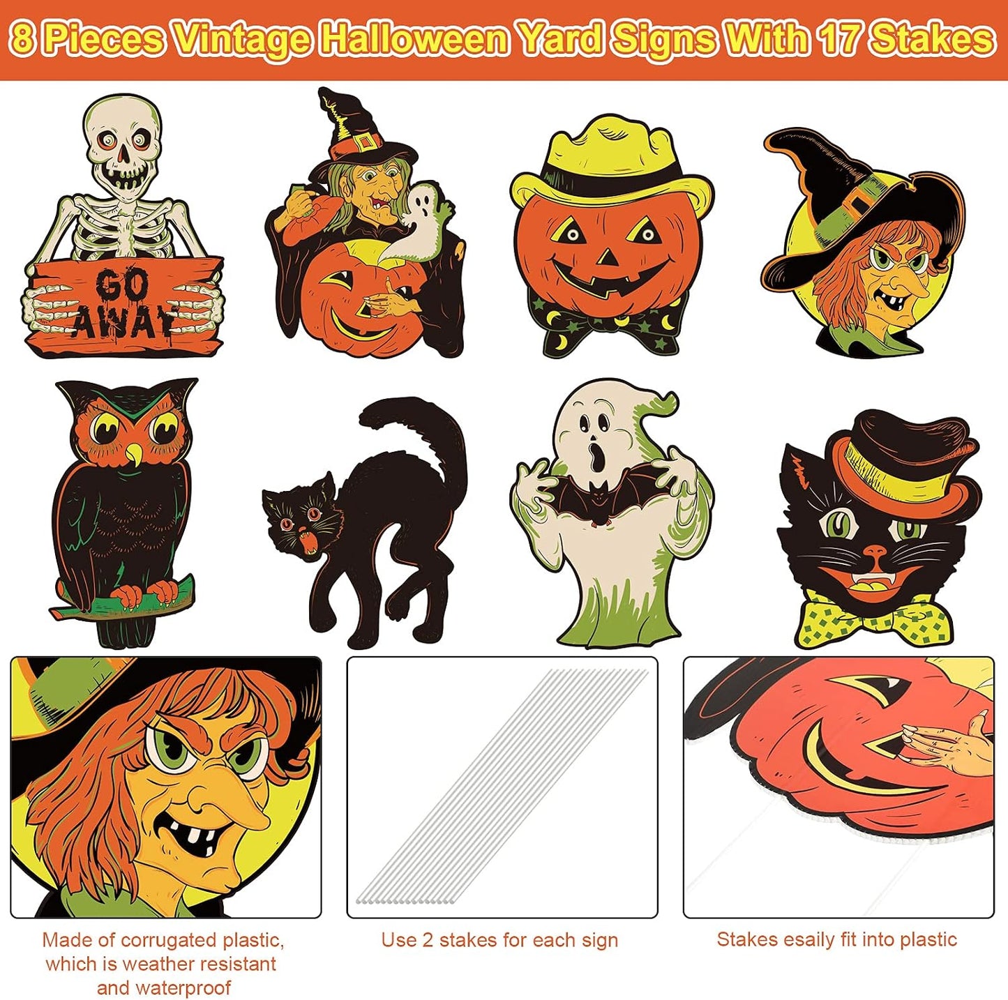 8 Carteles Halloween Plástico Corrugado Bruja Gato Calabaza