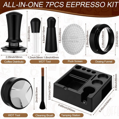 Kit de 7 accesorios para espresso de 51/58/2.087 pulgadas con resorte, calibrado, herramienta y embudo de dosificacion