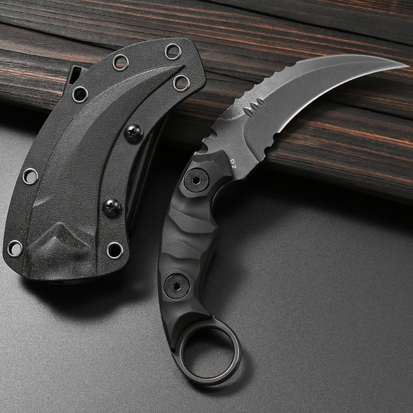 Cuchillo fijo D2 acero mango nylon Kydex camping caza EDC