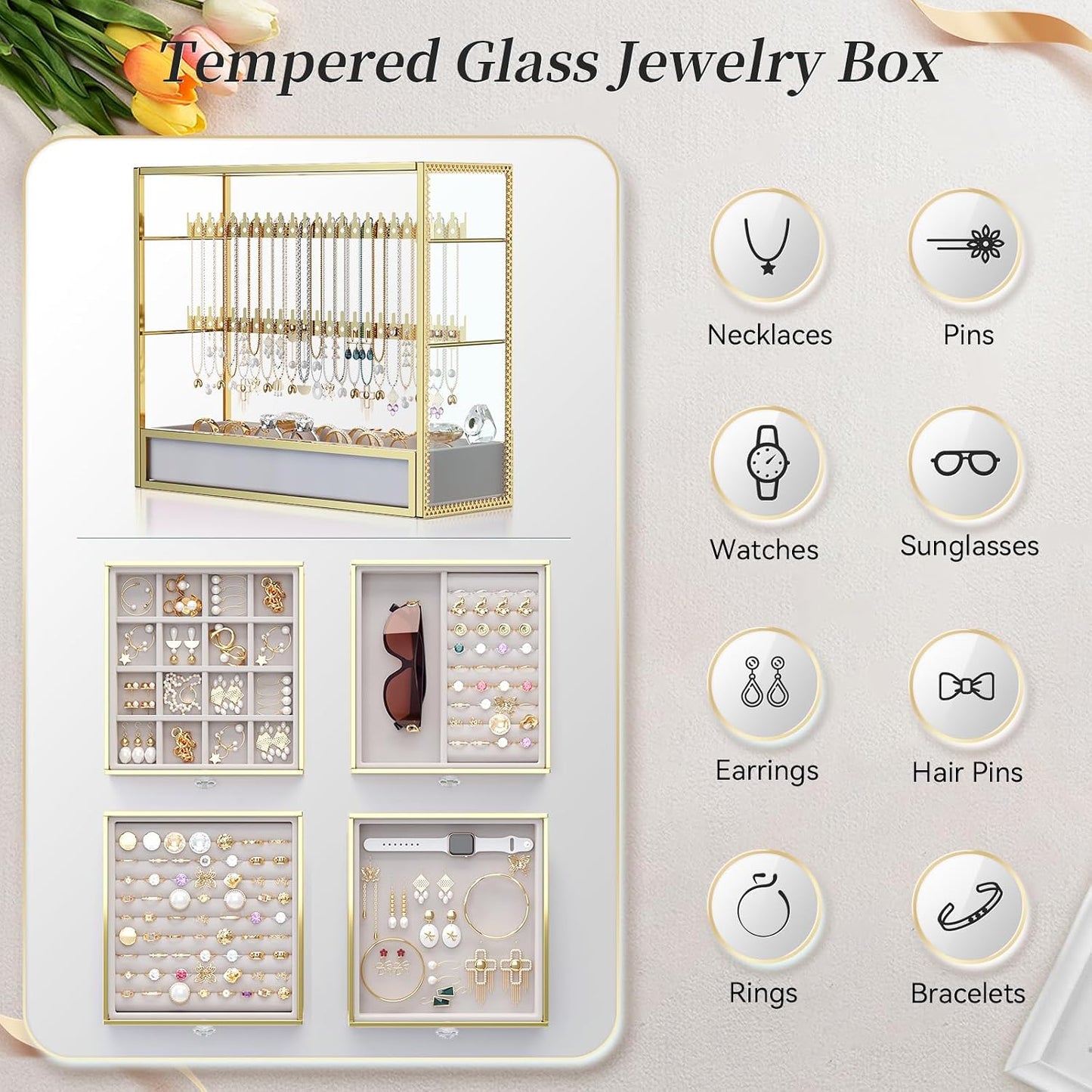 Caja organizadora joyas vidrio 5 cajones mujer