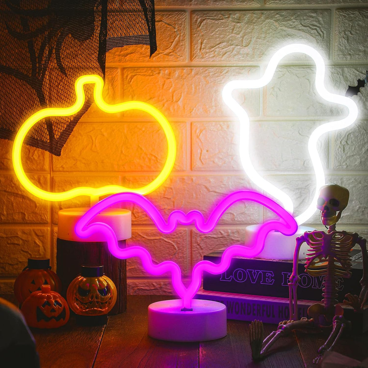 3 Pzas Luces Neón Halloween Fantasma Calabaza Murciélago