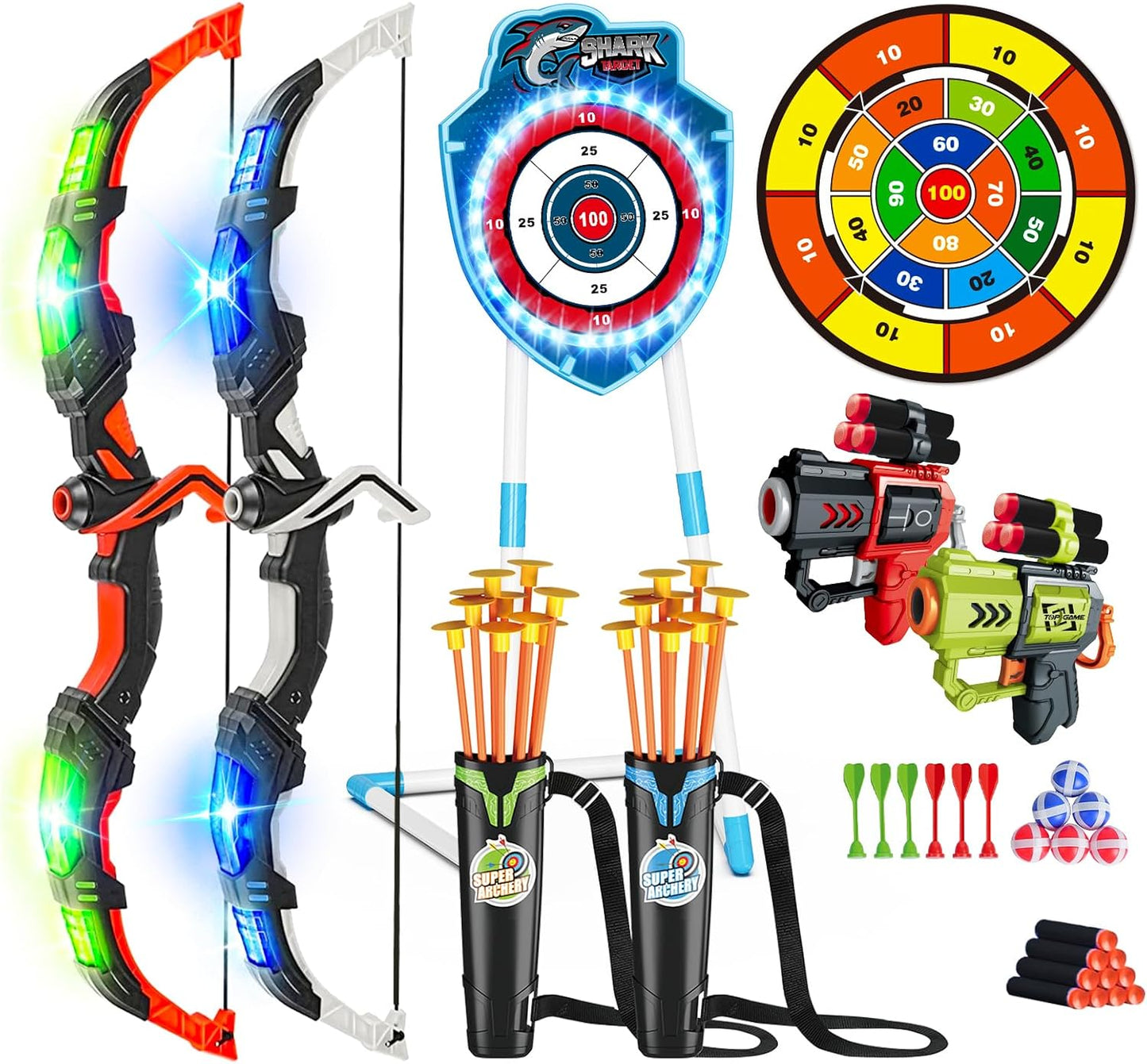 2 Set arco y flecha LED 4en1 20 flechas objetivo tiburón