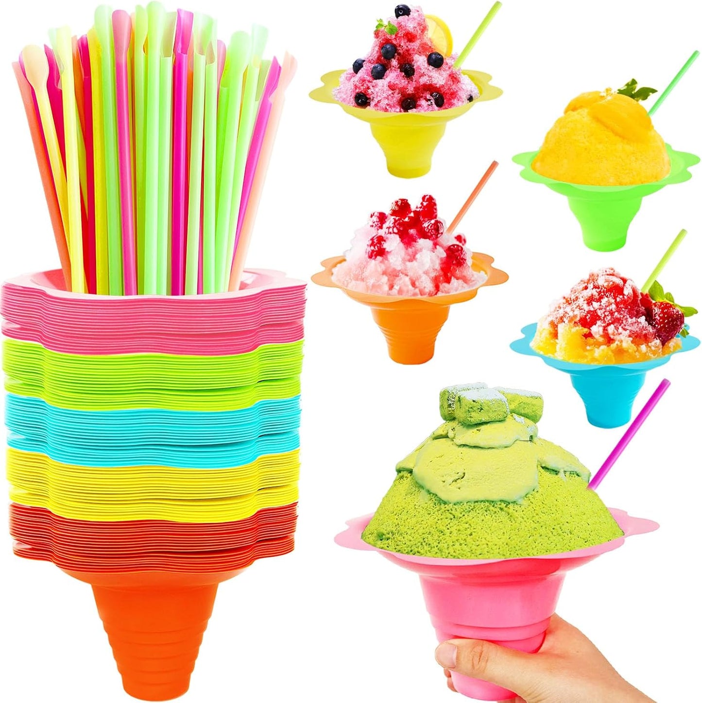 200 Vasos Plástico 8oz Cono Flor Pajitas Cucharas Reutilizables
