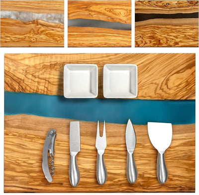 Set tablas queso madera olivo resina azul con cuchillos