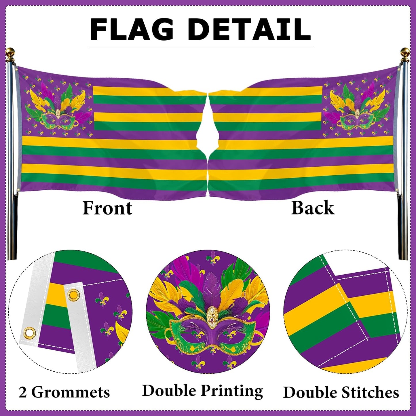 Banderas Mardi Gras 3x5 doble cara decoración