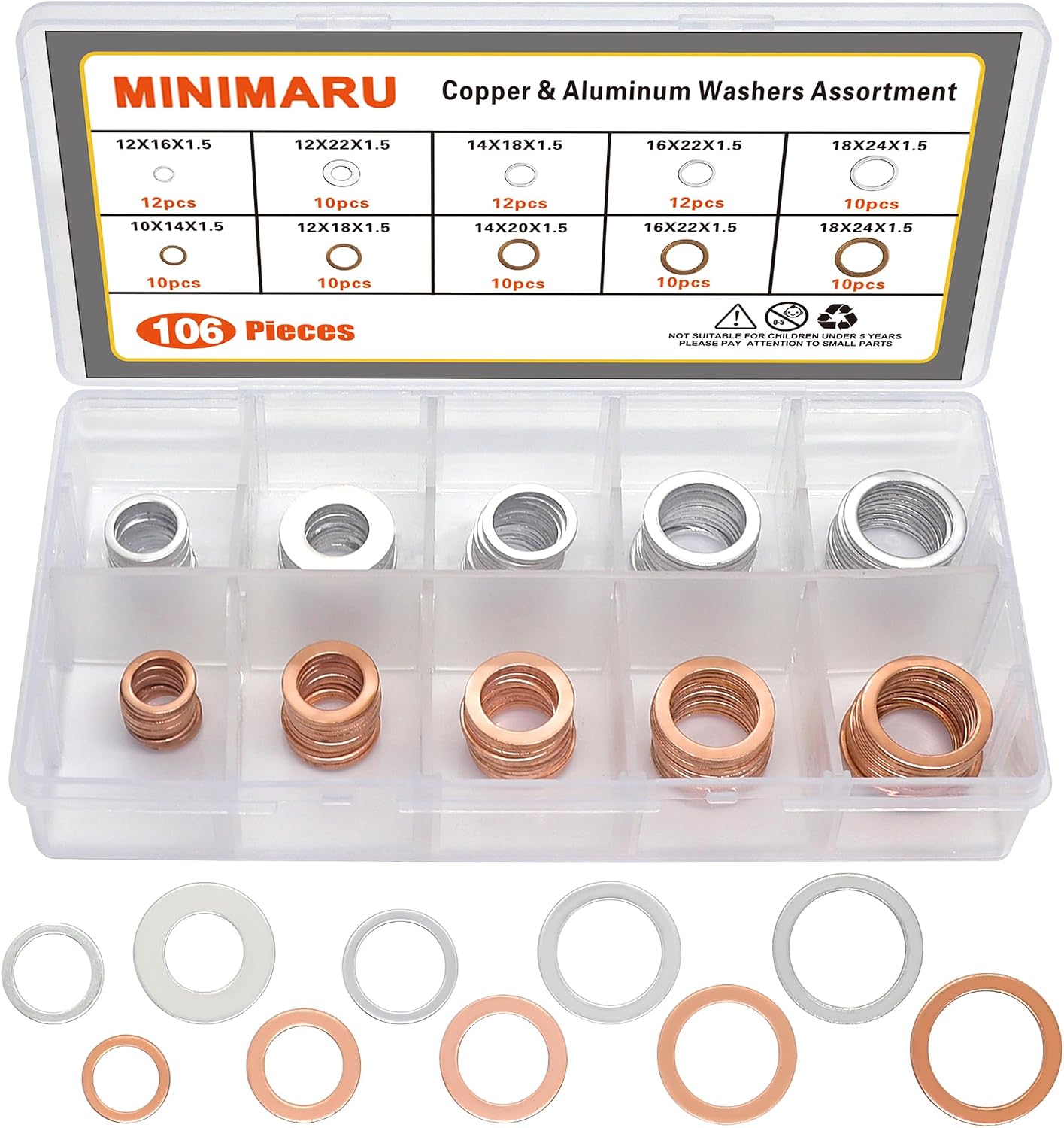 Set 106 pzas juntas cobre aluminio 0.394-0.709"