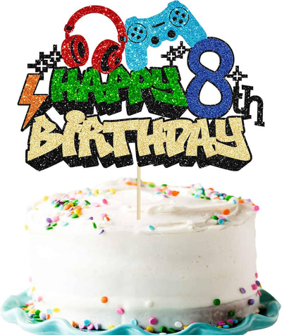 Decoración pastel videojuegos 8vo cumpleaños purpurina