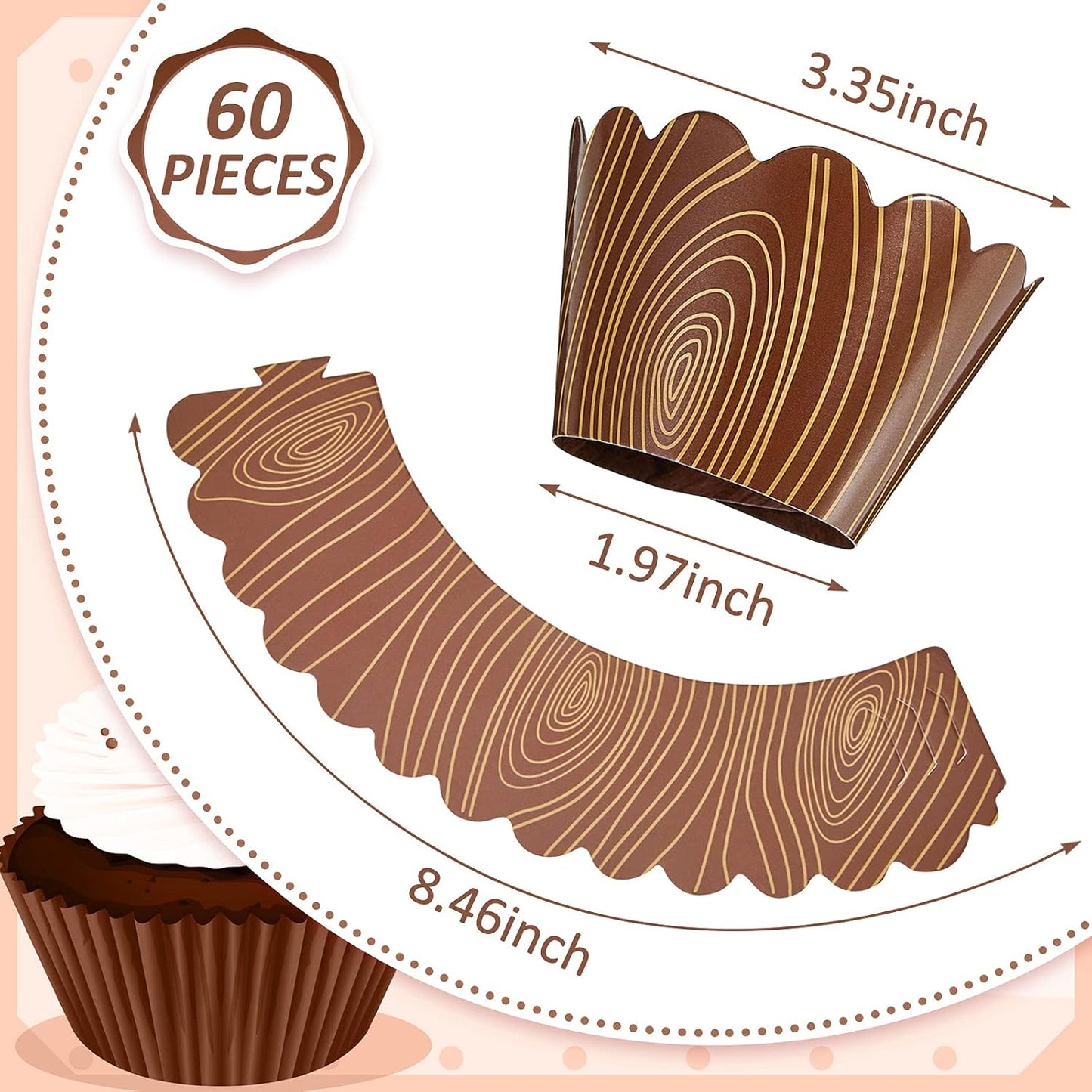 60 Envoltorios Madera Cupcakes Rústicos para Baby Shower y Fiesta