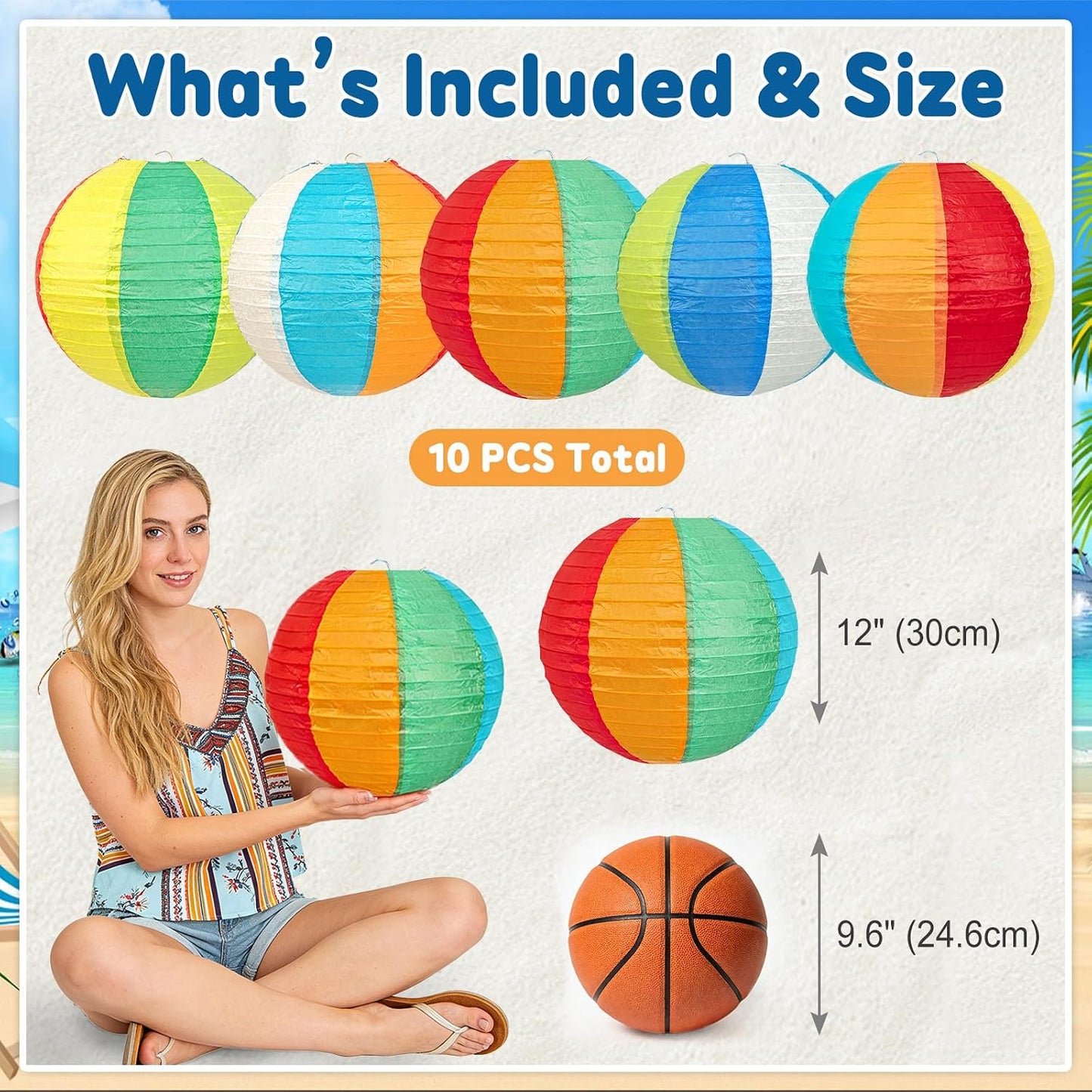 Linternas papel bola playa 10uds 12pulg decoración fiesta piscina