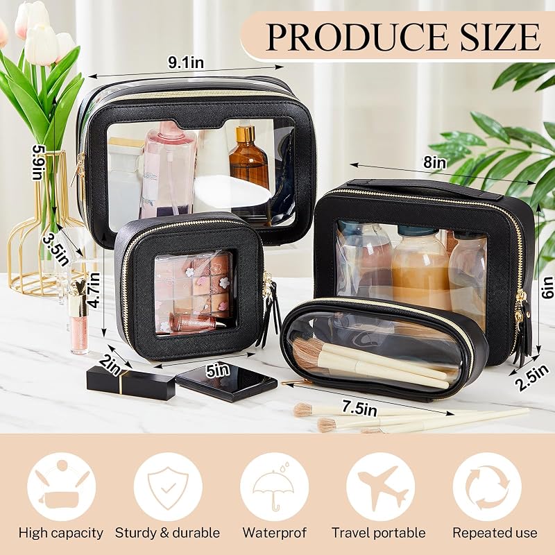 Set 4 bolsas maquillaje cuero transparente con cremallera