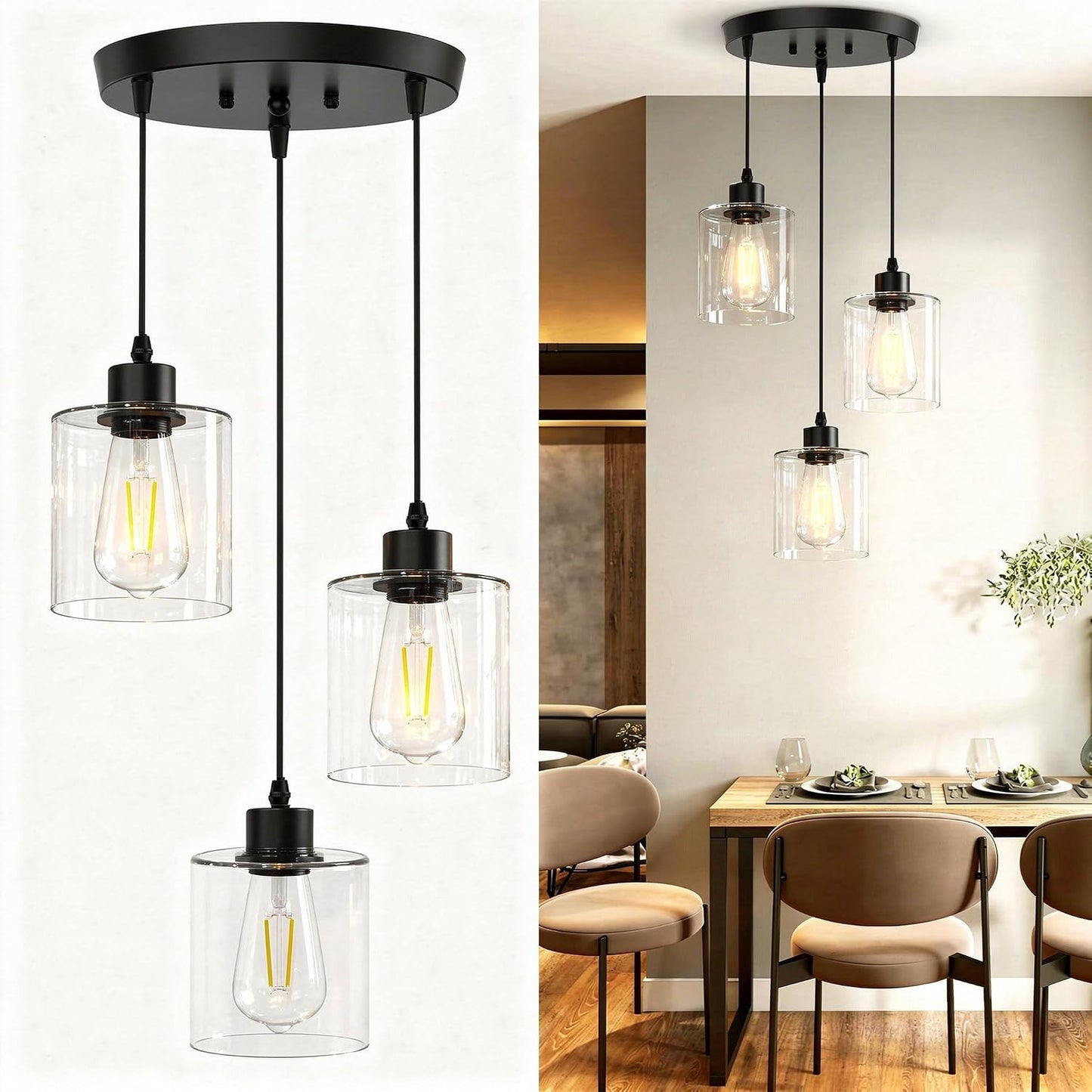 Lámpara techo 3 luces isla cocina comedor negro vidrio