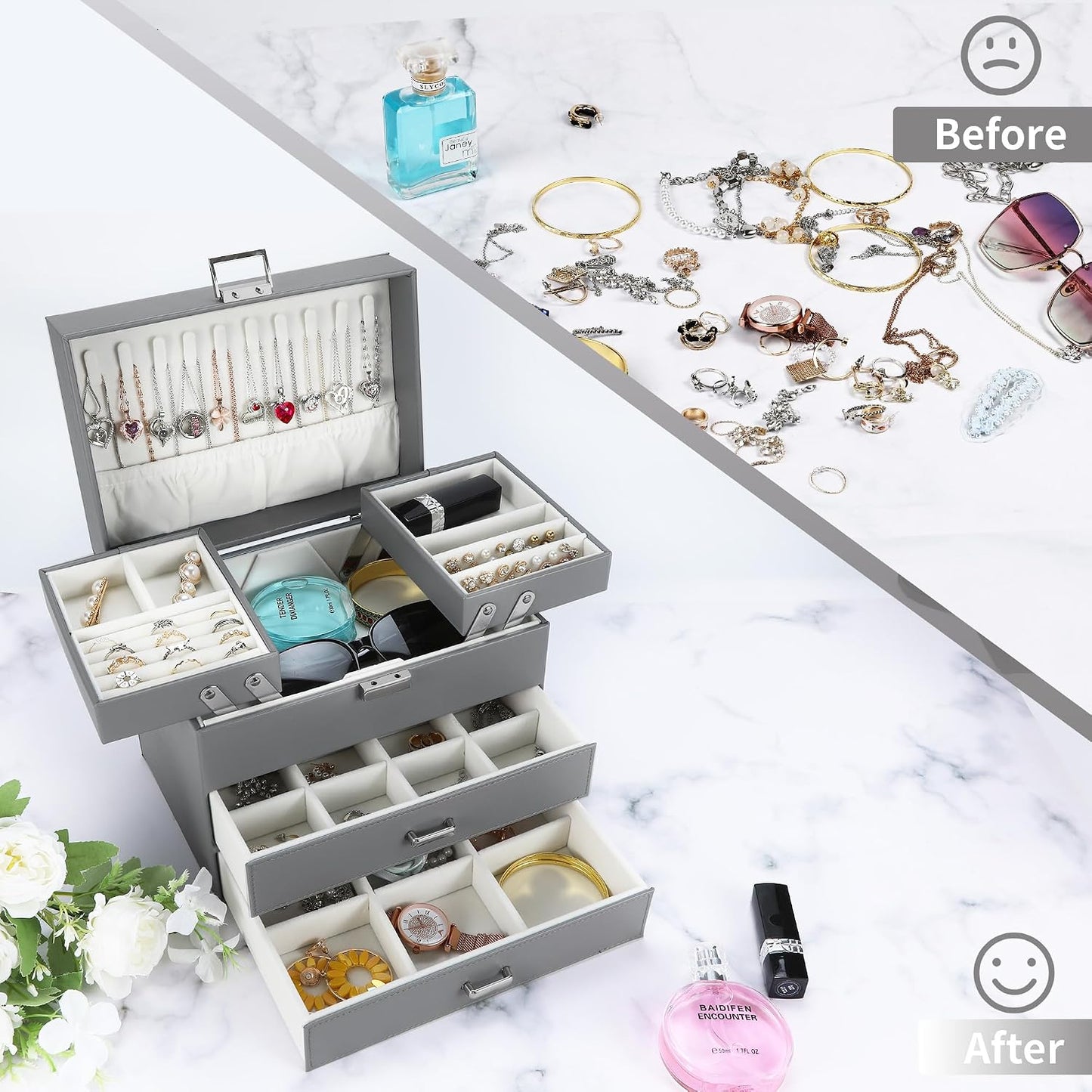 Caja organizadora joyas 4 capas para mujeres y niñas gris