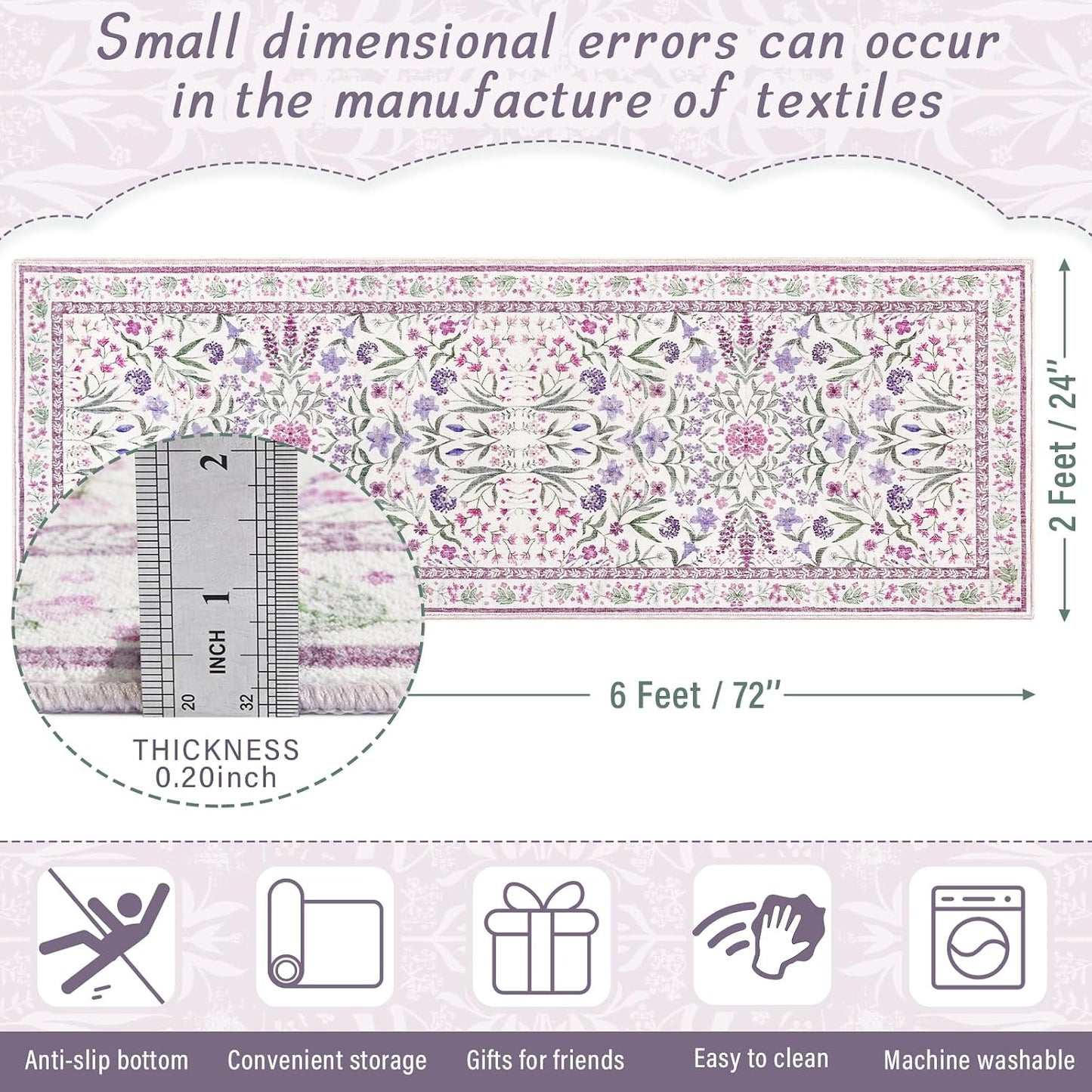 Alfombras Corredor Púrpura 2x6ft para Niñas Dormitorio