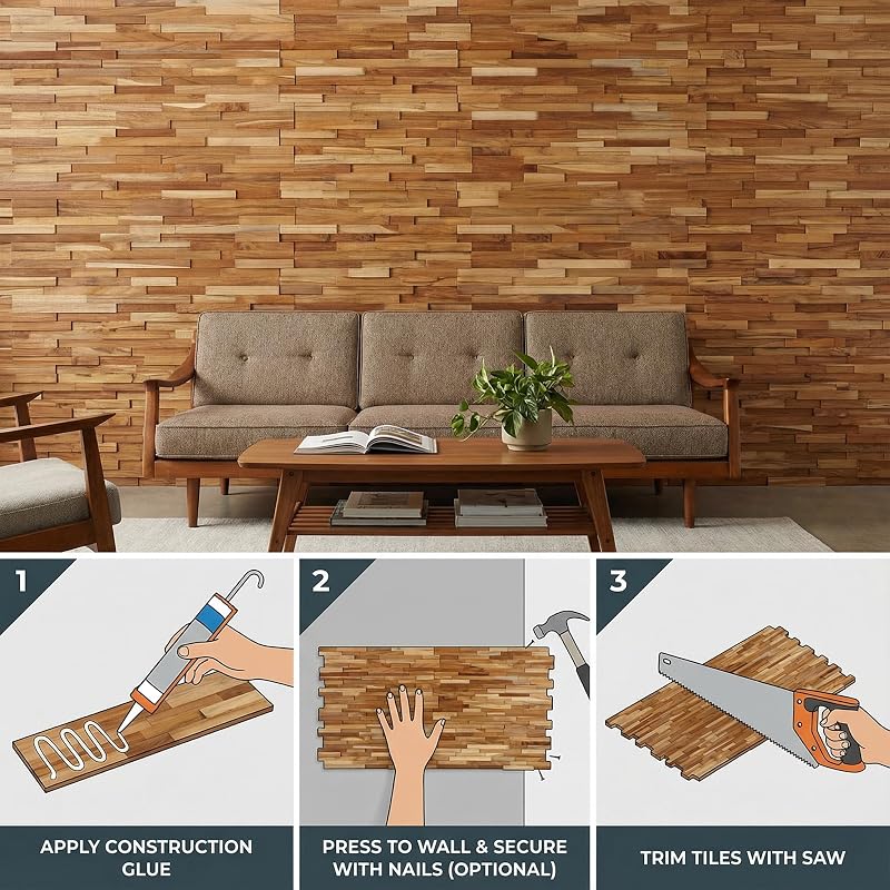 Set 10 azulejos mosaico 3D madera teca natural