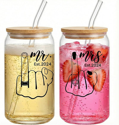 Set 2 Tazas Vidrio 16oz con Tapas Bambú y Pajitas
