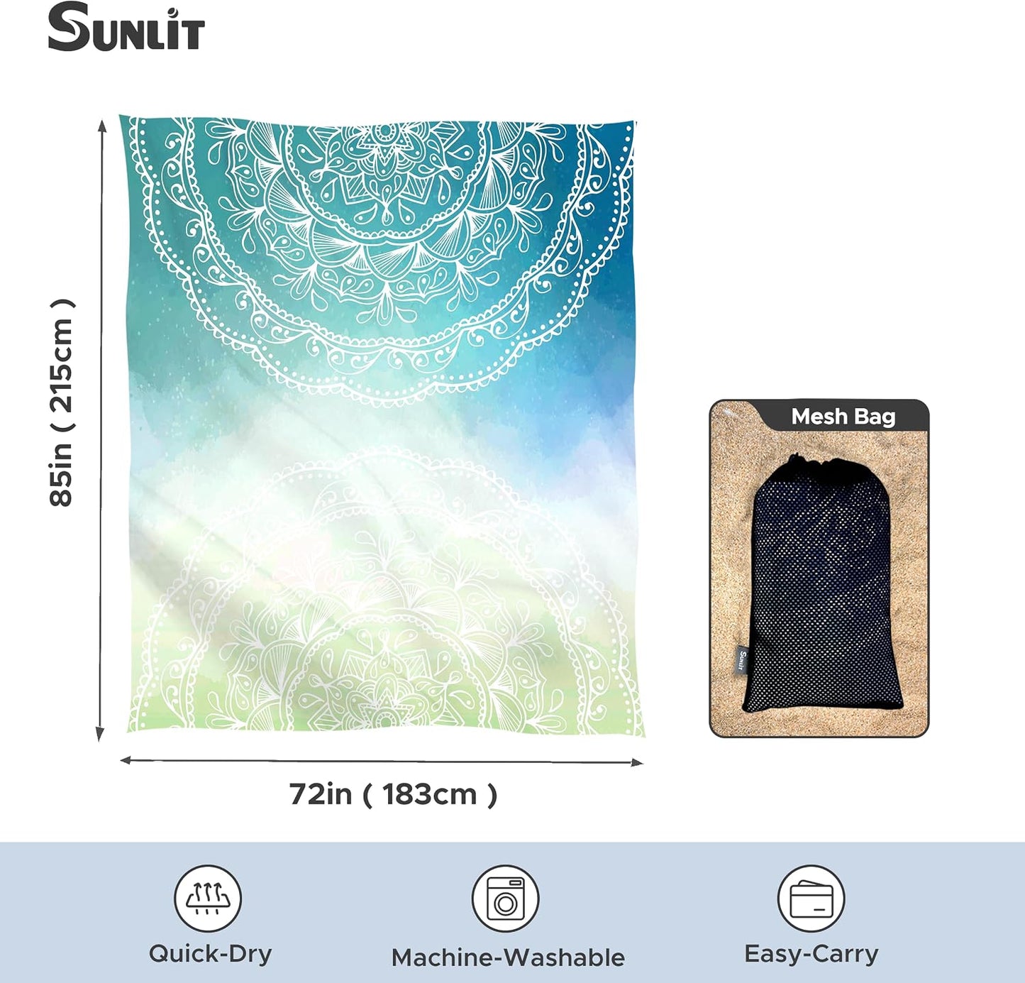 Manta playa suave 106x81pulg con bolsillos malla mandala