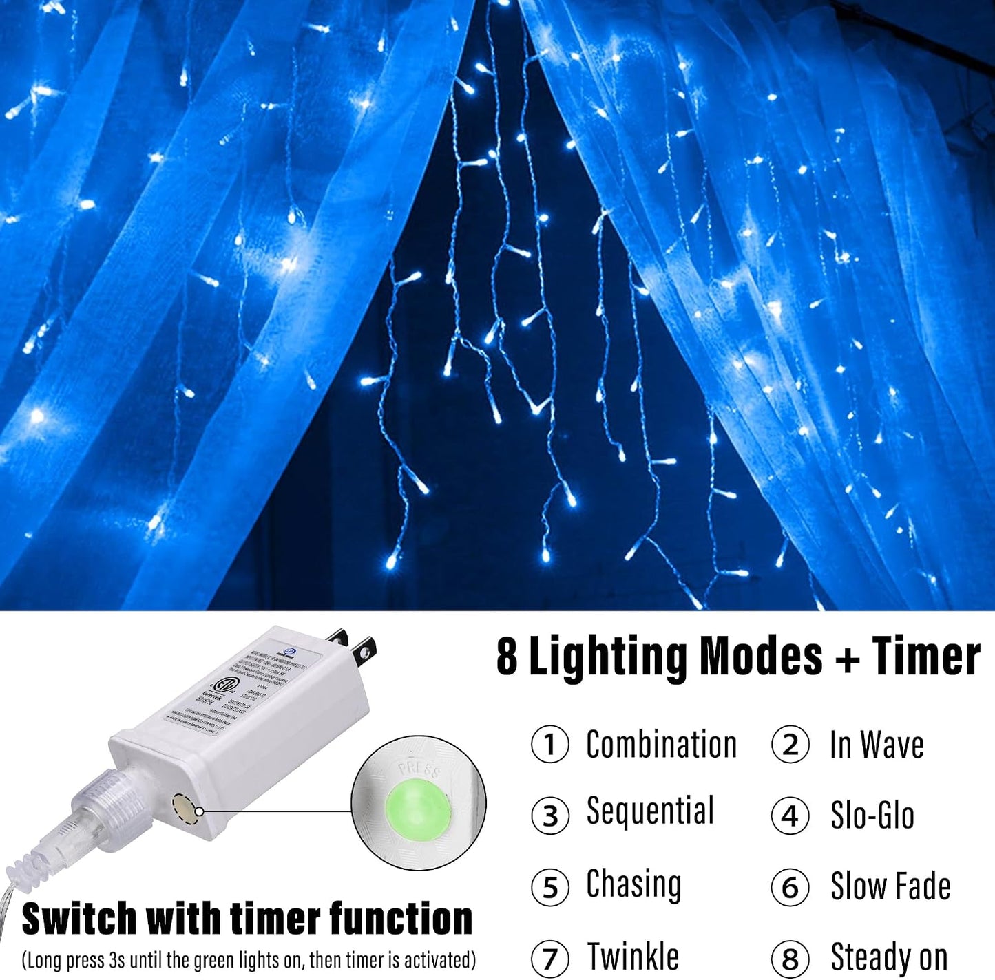 Luces Navidad 32pies 8modos impermeables azul