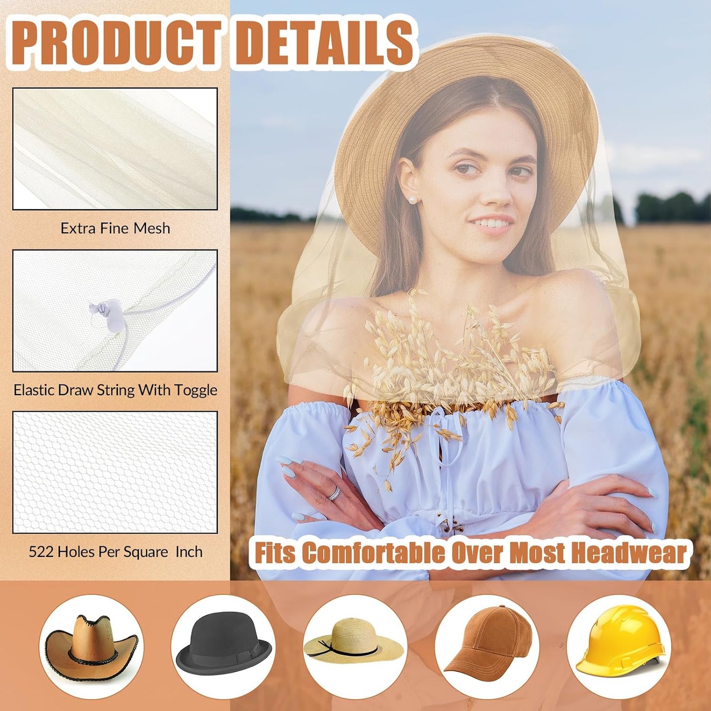 6 Mosquiteros para Cabeza Red Malla Protección Aire Libre