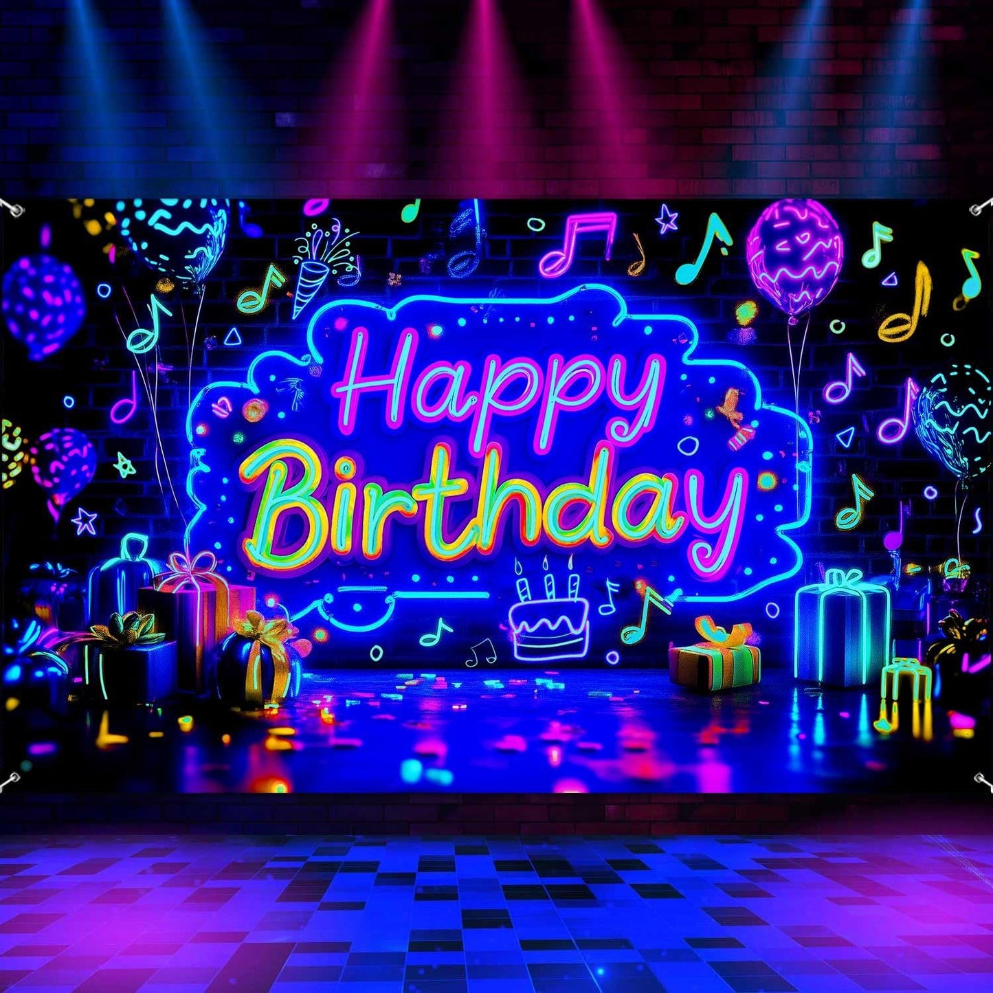 Pancarta neón cumpleaños con luz negra reactiva