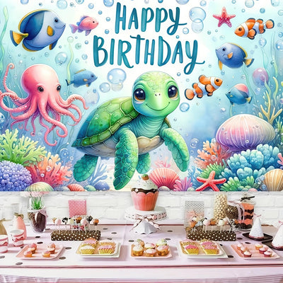 Cartel cumpleaños tortuga marina temática oceánica 71x43pulg