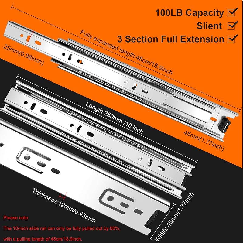 Rieles cajón 10pulg 8pzas extensión 3 secciones plateadas